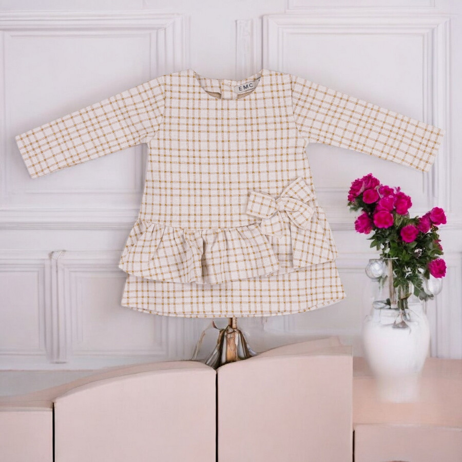 Baby Mädchen Kleid Langarm mit Schleife,Rüschen gold beige Kariert